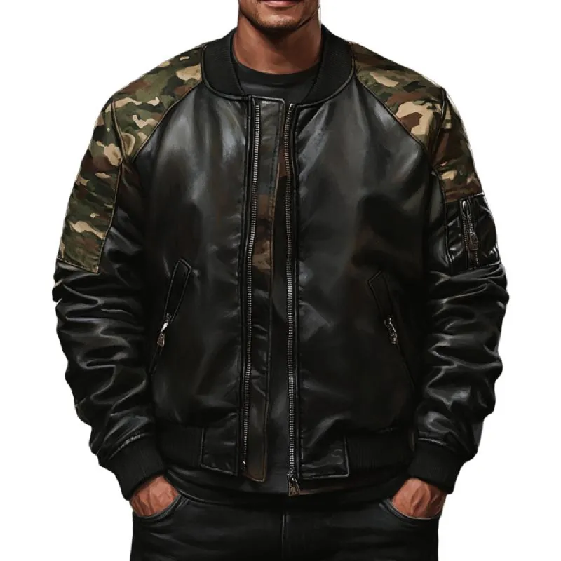 Men's Classic Retro Casual Stitching Camouflage Zipper Leather Jacket 06838110K sold by Manly