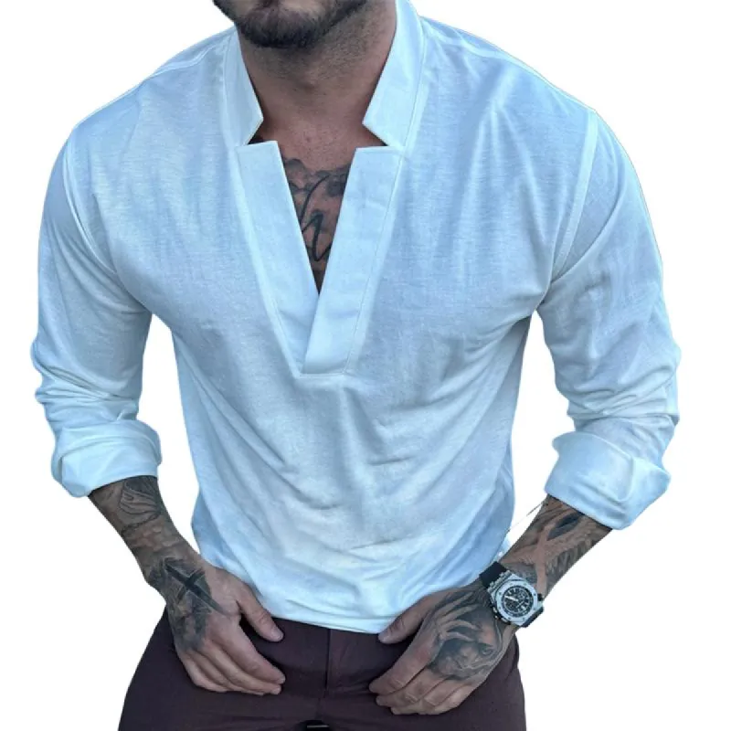 Men's Retro Casual Solid Color V-Neck Long Sleeve T-Shirt 62888783TO sold by Manly