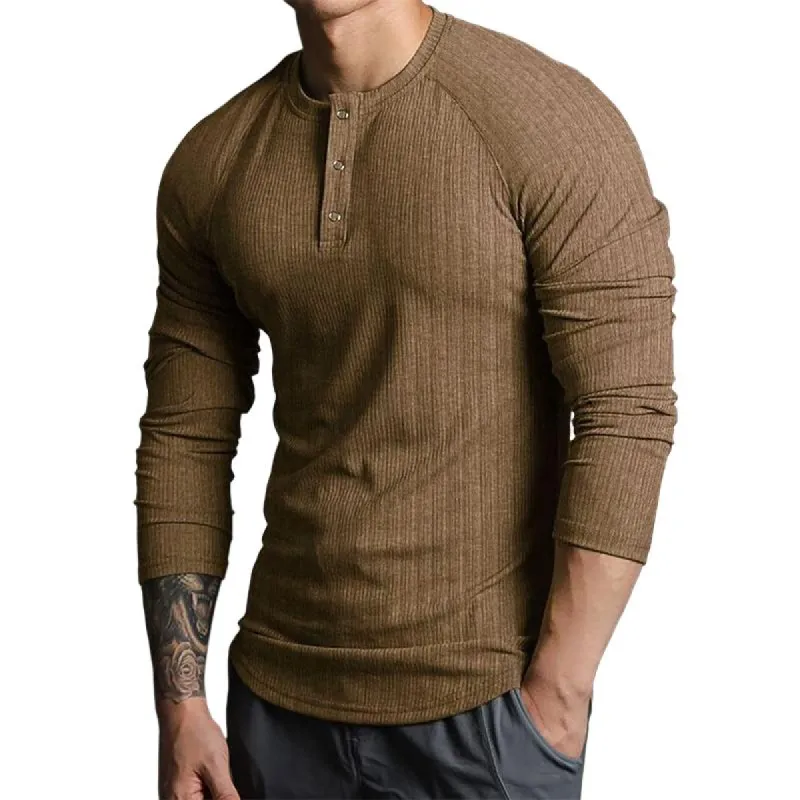 Men's Vintage Casual Henley Collar Striped Long Sleeve T-Shirt 16458248TO sold by Manly