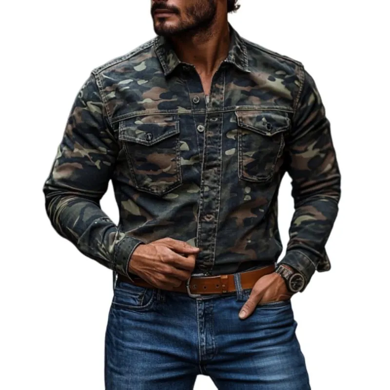 Men's Vintage Camouflage Washed Lapel Workwear Long Sleeve Shirt 42031741M sold by Manly