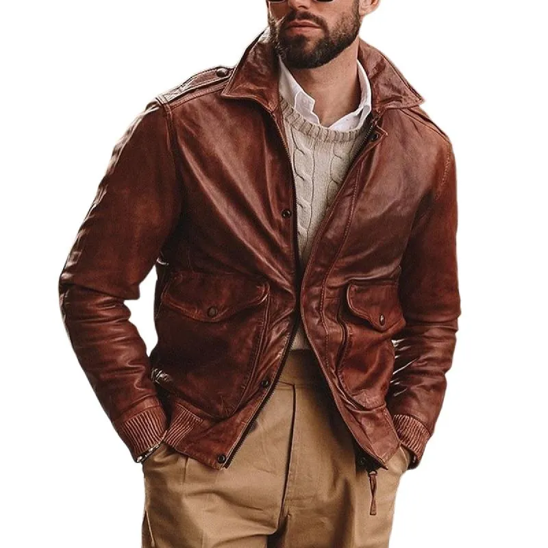 Men's Vintage Multi Pocket Zipper Leather Jacket 19929130Y sold by Manly