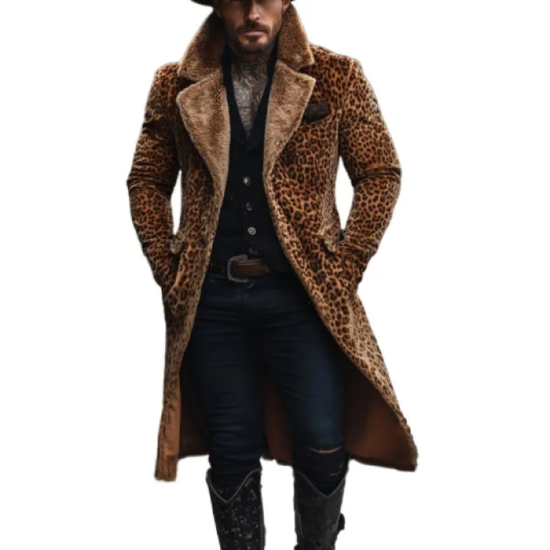 Men's Vintage Suede Leopard Print Patchwork Fur Collar Long Coat 92069190Y sold by Manly