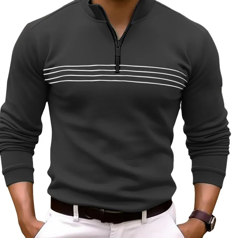 Men's Striped Zip-Up Collar Long Sleeve Polo Shirt 20293590Y sold by Manly