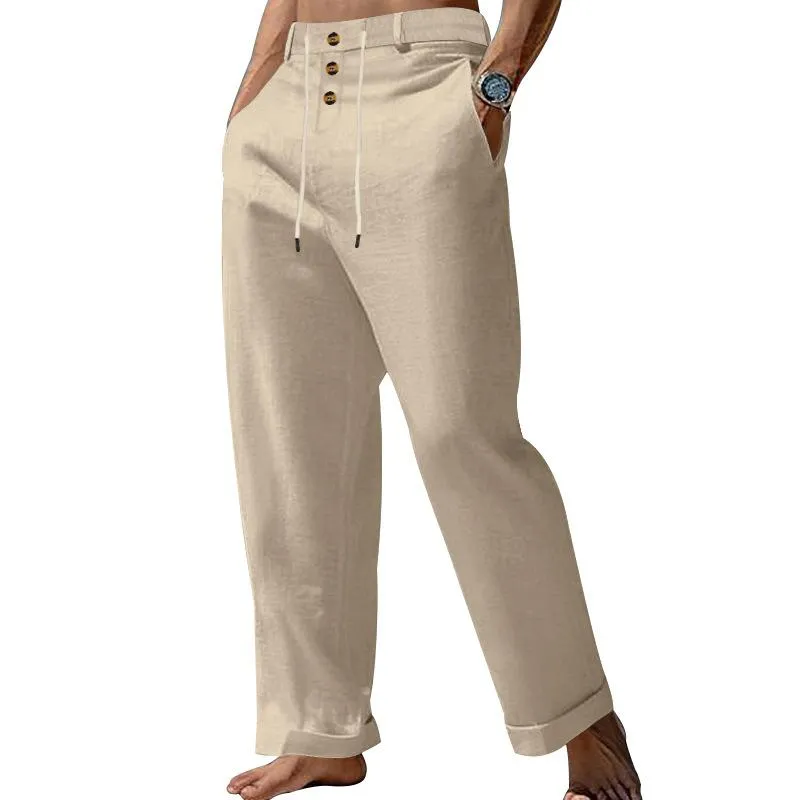 Men's Casual Solid Color Button Drawstring Straight Pants 46031736Y sold by Manly