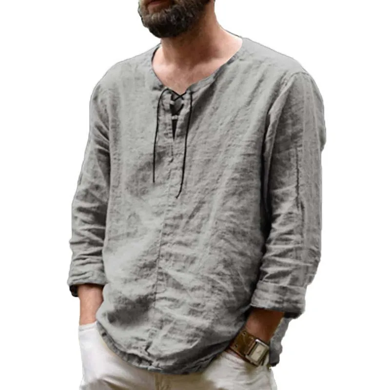 Men's Classic Casual Drawstring Cotton And Linen Stand Collar Long Sleeve Shirt 26791234K sold by Manly product image thumbnail 2