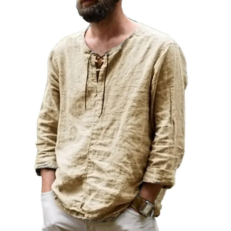 Men's Classic Casual Drawstring Cotton And Linen Stand Collar Long Sleeve Shirt 26791234K sold by Manly