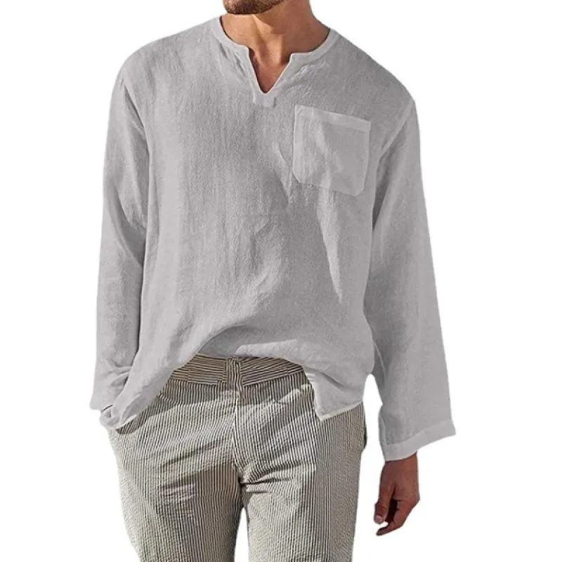 Men's Classic Casual V-Neck Cotton and Linen Long Sleeve Shirt 89901691K sold by Manly