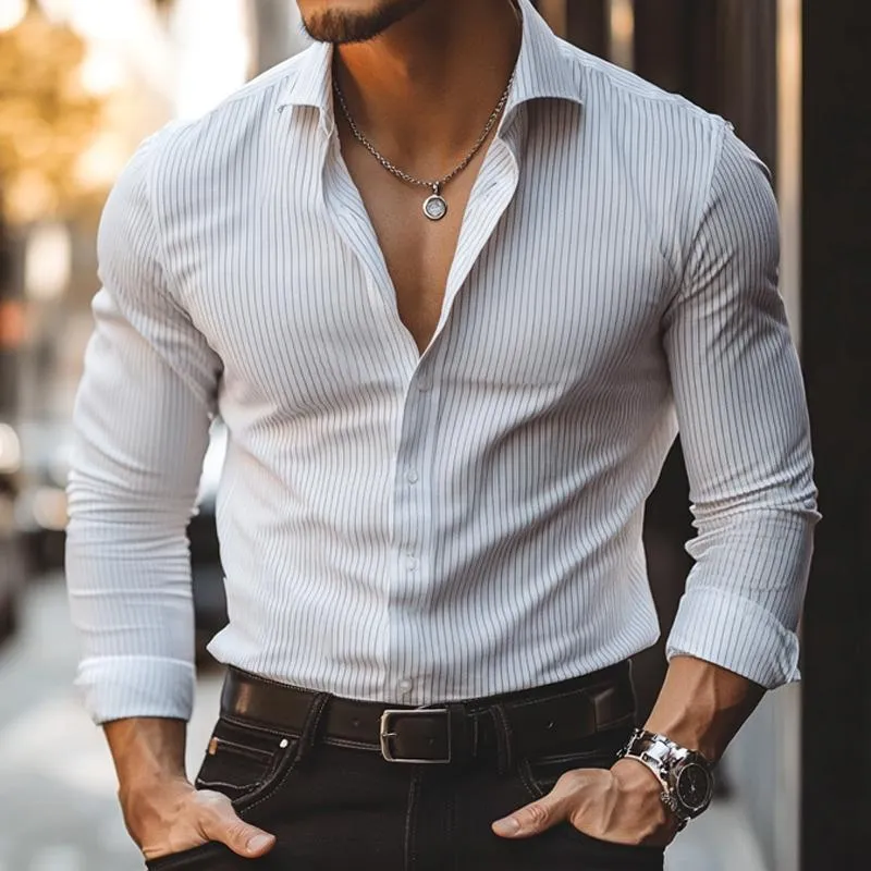 Men's Simple Striped White Long-sleeved Shirt 57283602U sold by Manly product image thumbnail 3