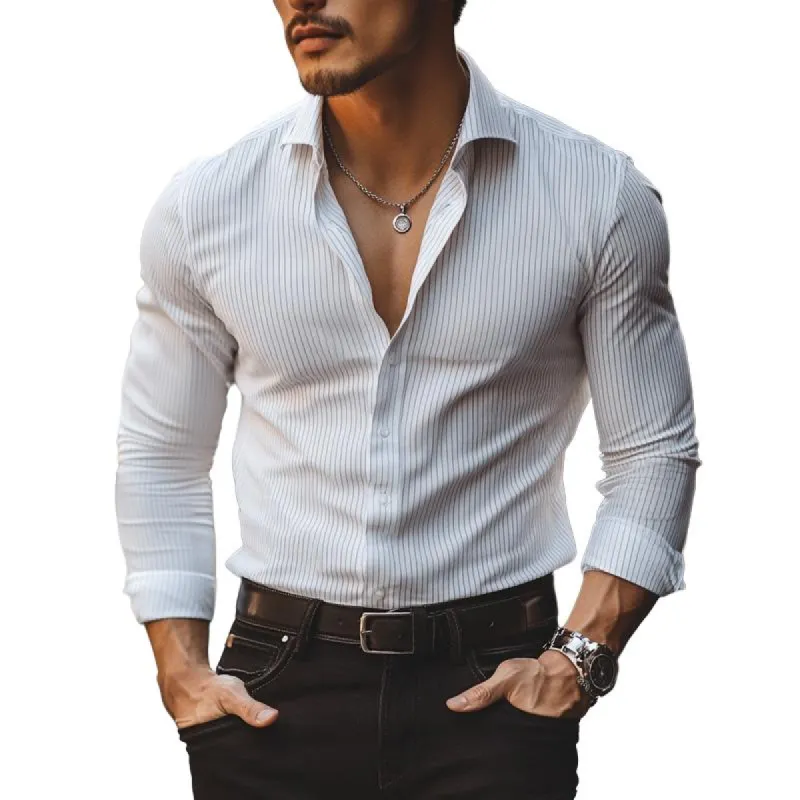 Men's Simple Striped White Long-sleeved Shirt 57283602U sold by Manly