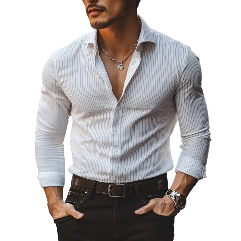 Men's Simple Striped White Long-sleeved Shirt 57283602U sold by Manly