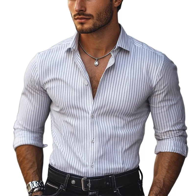 Men's Vertical Striped White Long-sleeved Shirt 40820072U sold by Manly