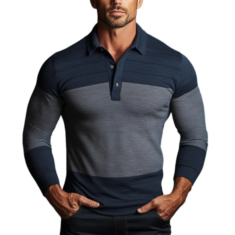 Men's Colorblock Lapel Long Sleeve Ribbed Polo Shirt 68292142F sold by Manly