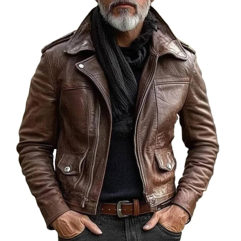 Men's Vintage Biker Lapel Zipper Leather Jacket 55758472X sold by Manly
