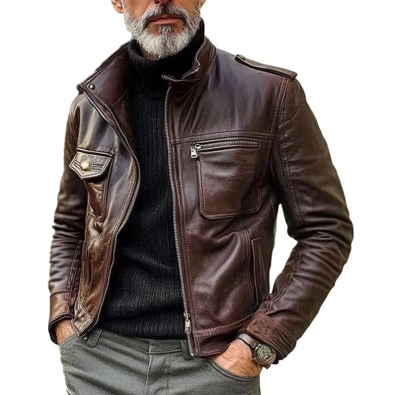 Men's Vintage Lapel Multi-Pocket Leather Jacket 94767114X sold by Manly