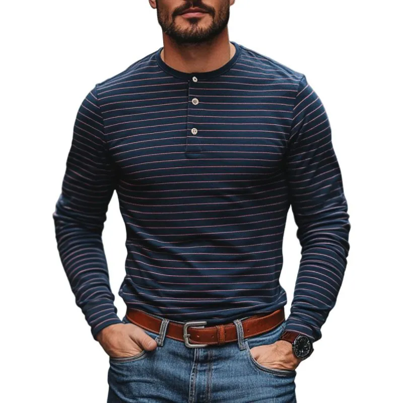 Men's Casual Cotton Blend Striped Henley Collar Slim Fit Long Sleeve T-Shirt 90795549M sold by Manly