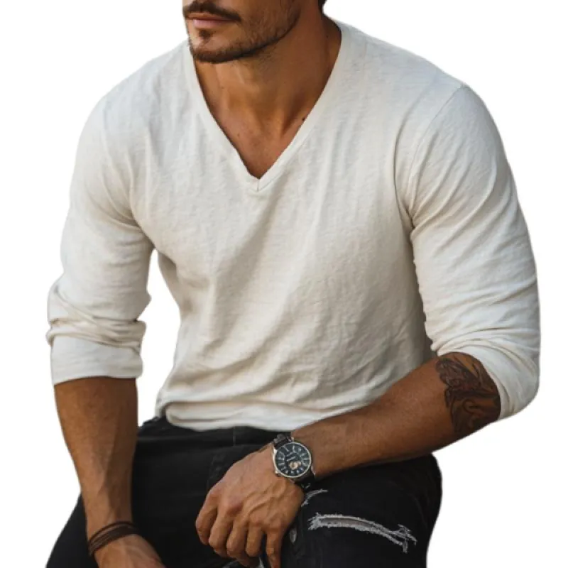 Men's Casual Cotton V-neck Loose Long Sleeve T-shirt 68098343M sold by Manly
