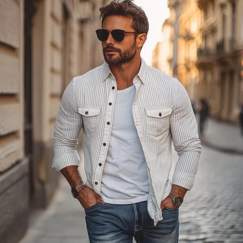 Men's Fashion Striped Lapel Long Sleeve Cargo Shirt 17472806M sold by Manly product image thumbnail 3