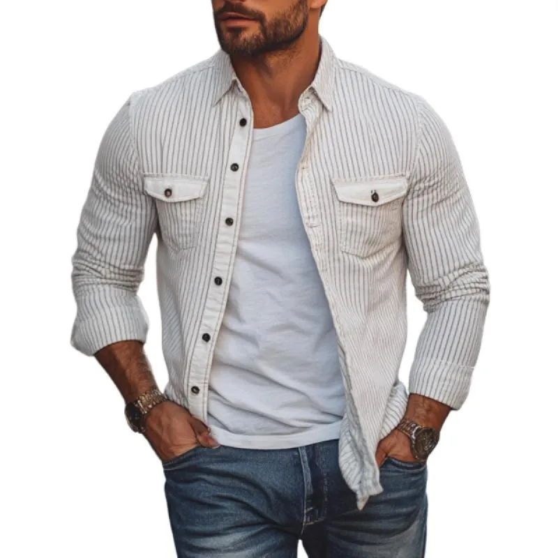 Men's Fashion Striped Lapel Long Sleeve Cargo Shirt 17472806M sold by Manly