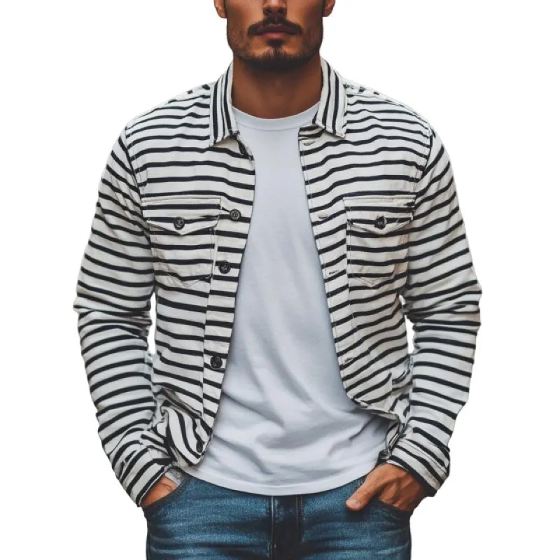 Men's Fashion Striped Lapel Long Sleeve Cargo Shirt 31155450M sold by Manly