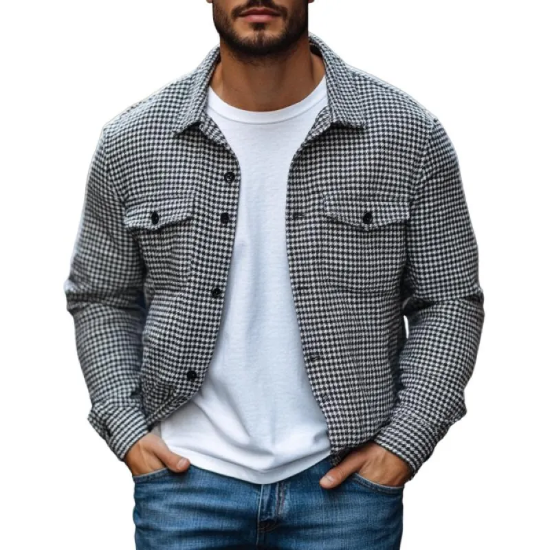 Men's Vintage Casual Houndstooth Lapel Flap Pocket Loose Shirt Jacket 08237082M sold by Manly
