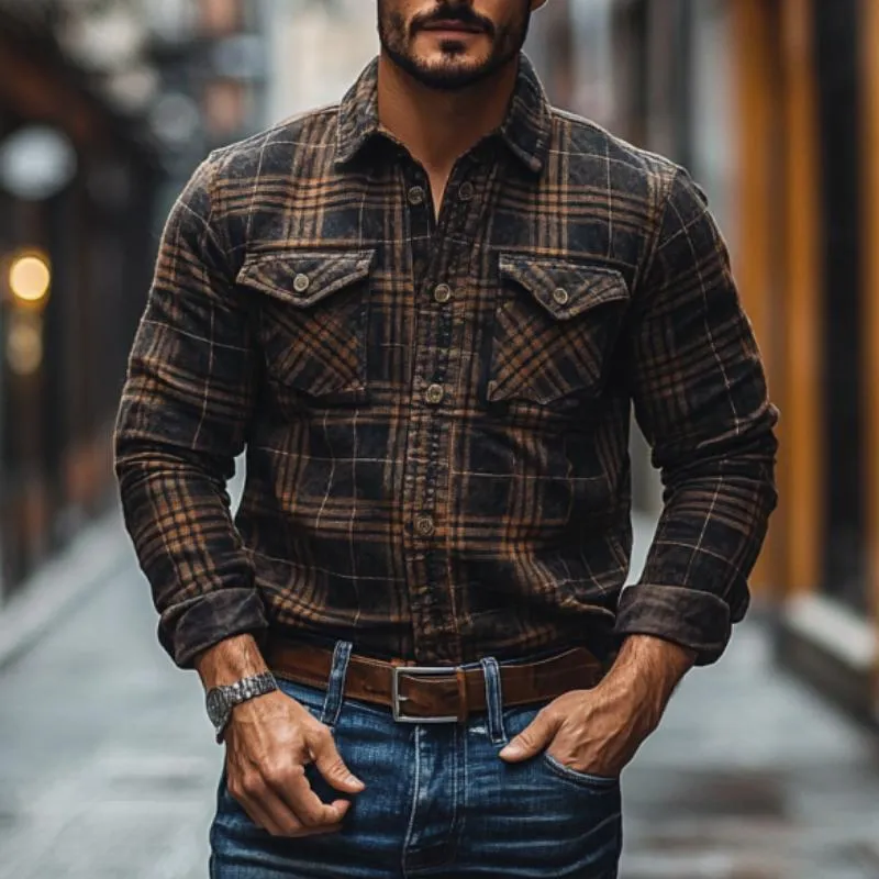 Men's Vintage Plaid Lapel Slim Fit Long Sleeve Shirt 28408370M sold by Manly product image thumbnail 2