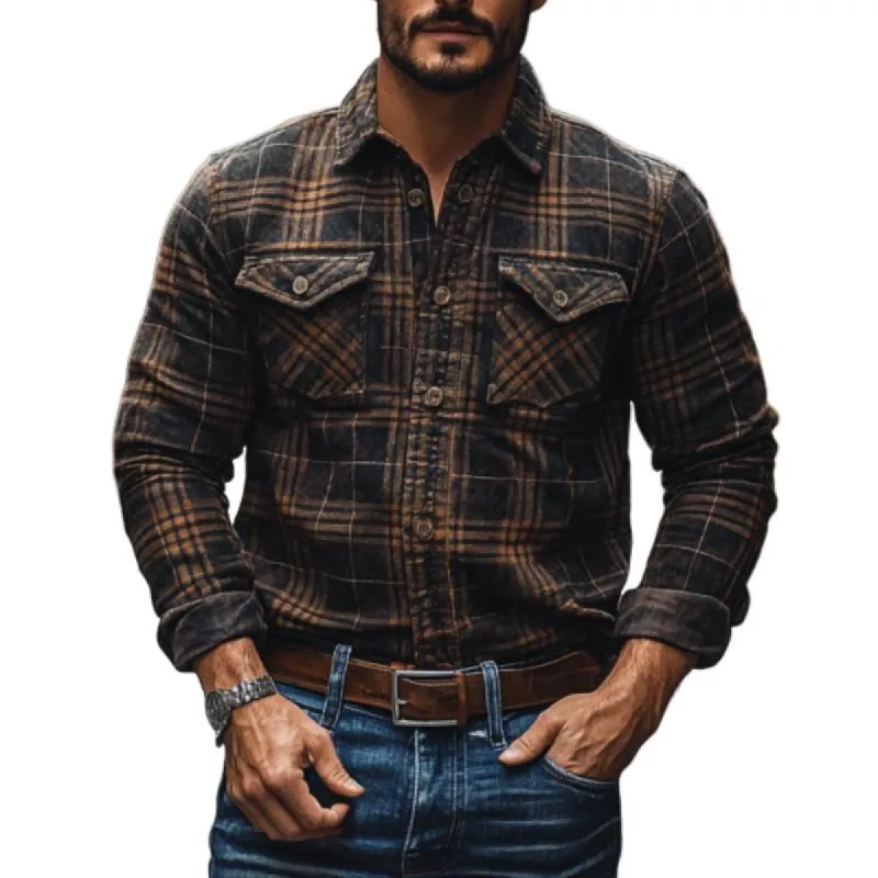 Men's Vintage Plaid Lapel Slim Fit Long Sleeve Shirt 28408370M sold by Manly