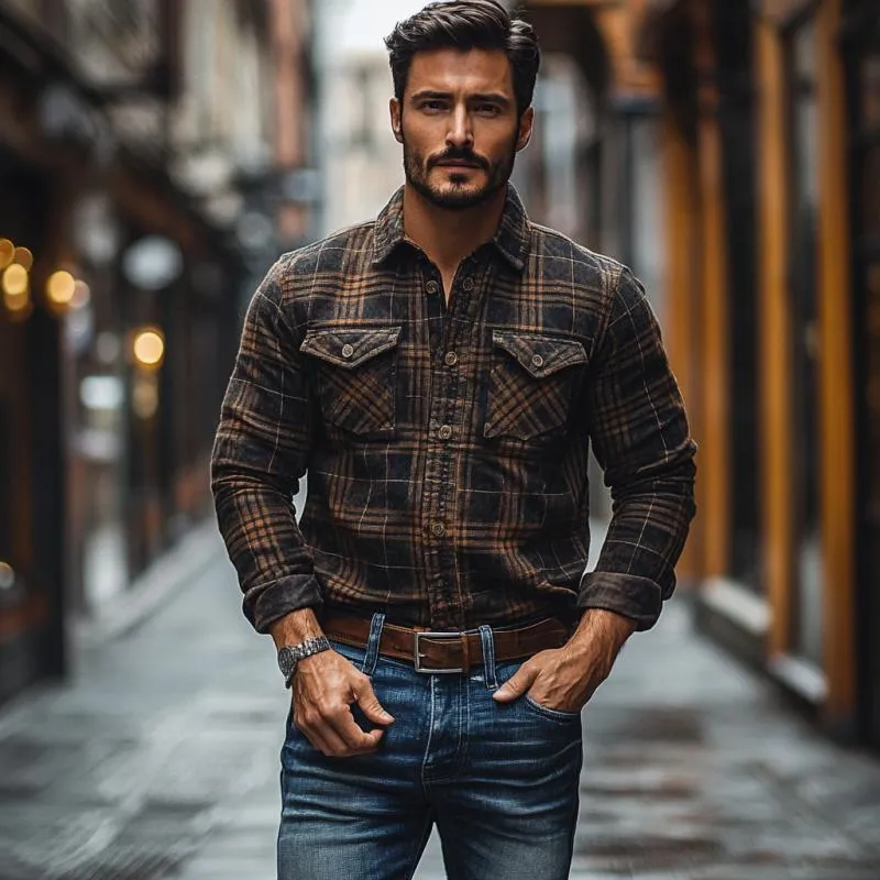 Men's Vintage Plaid Lapel Slim Fit Long Sleeve Shirt 28408370M sold by Manly product image thumbnail 3