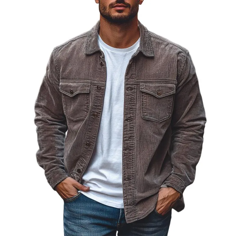 Men's Vintage Corduroy Lapel Loose Long Sleeve Shirt 36576630M sold by Manly