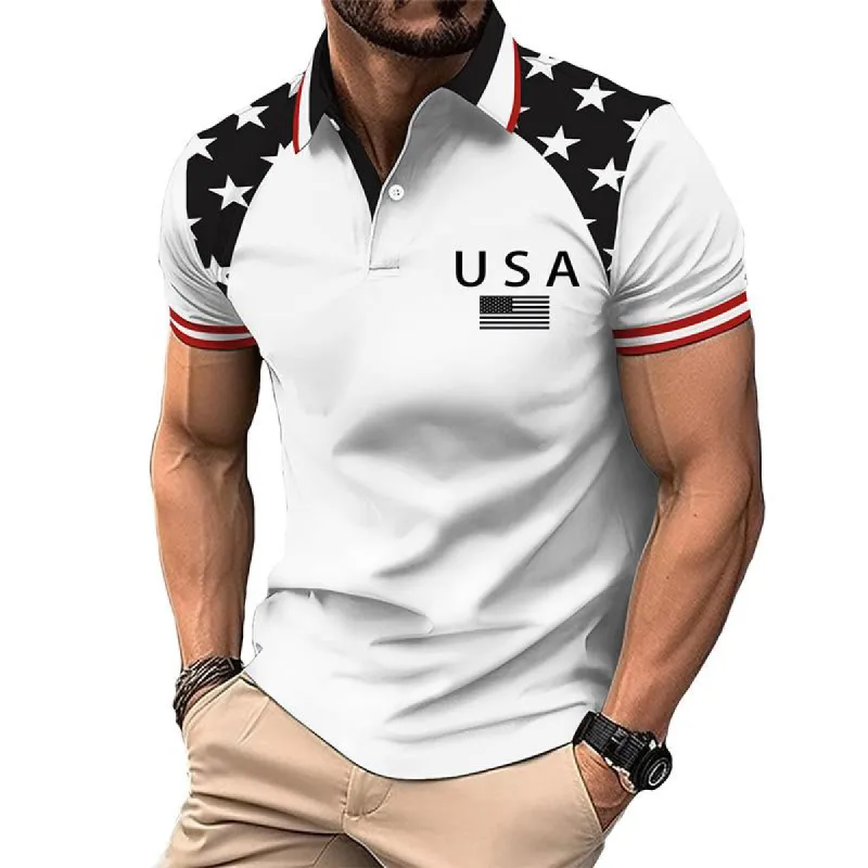 Men's Casual American Flag Short Sleeve Polo Shirt 93756607TO made by Manly