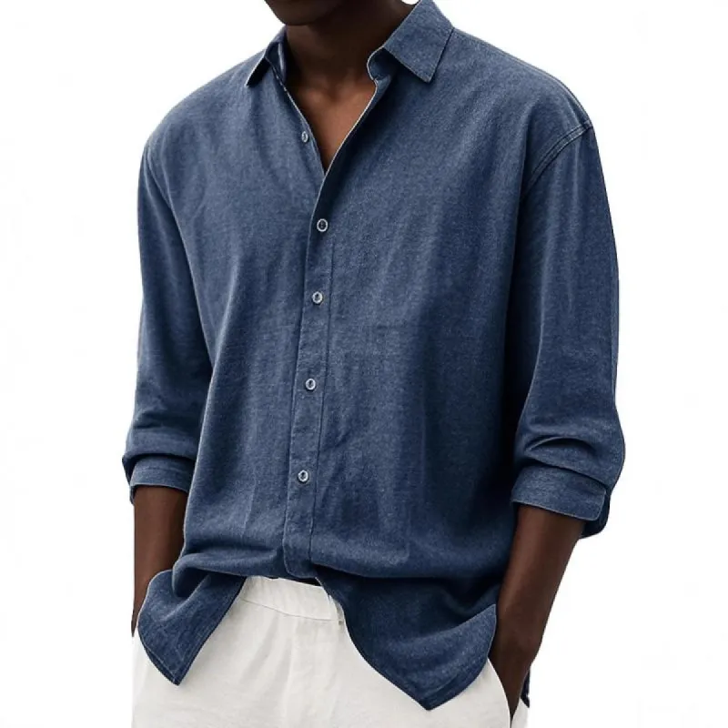 Men's Casual Solid Color Lapel Loose Long-sleeved Shirt 26047947M sold by Manly