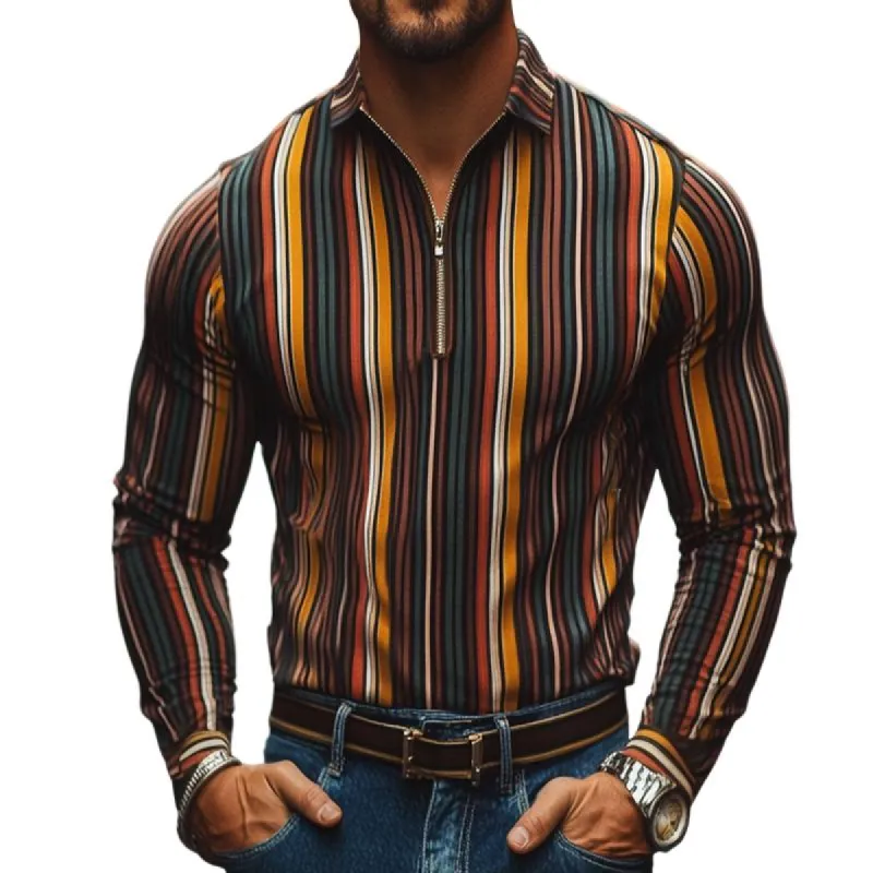 Men's Retro Casual Color Striped Lapel Zipper Long Sleeve T-Shirt 39614168TO sold by Manly