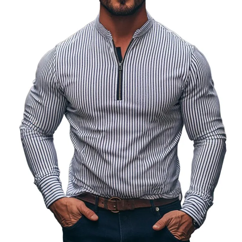 Men's Retro Casual Striped Stand Collar Zipper Long Sleeve T-Shirt 16272752TO sold by Manly