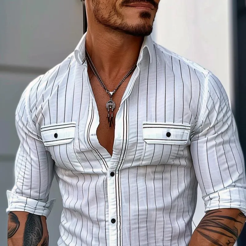 Men's Fashion Striped Lapel Chest Pocket Long Sleeve Shirt 49788477Z sold by Manly product image thumbnail 3