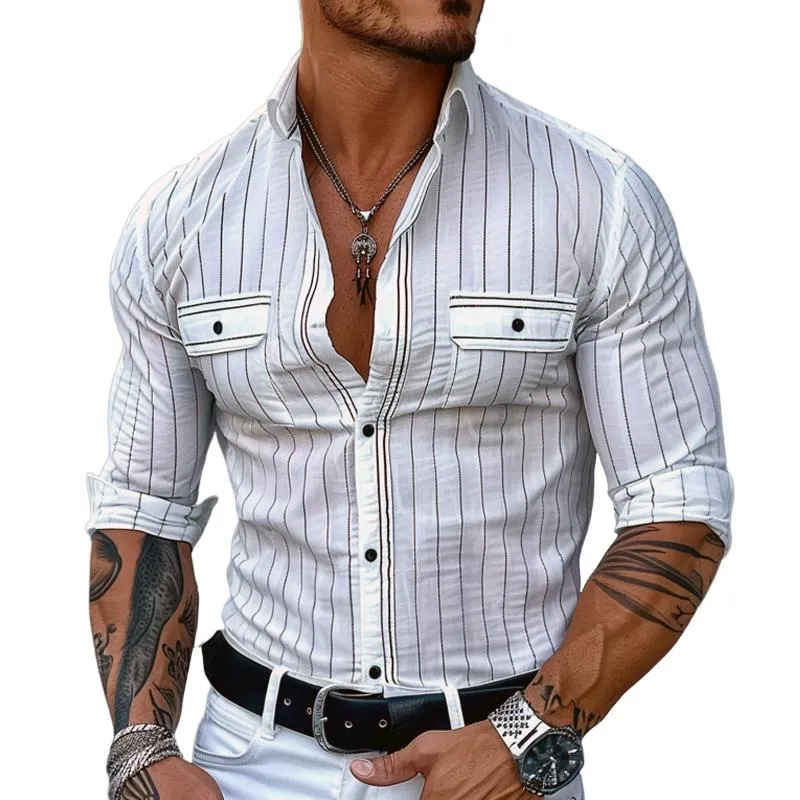 Men's Fashion Striped Lapel Chest Pocket Long Sleeve Shirt 49788477Z sold by Manly