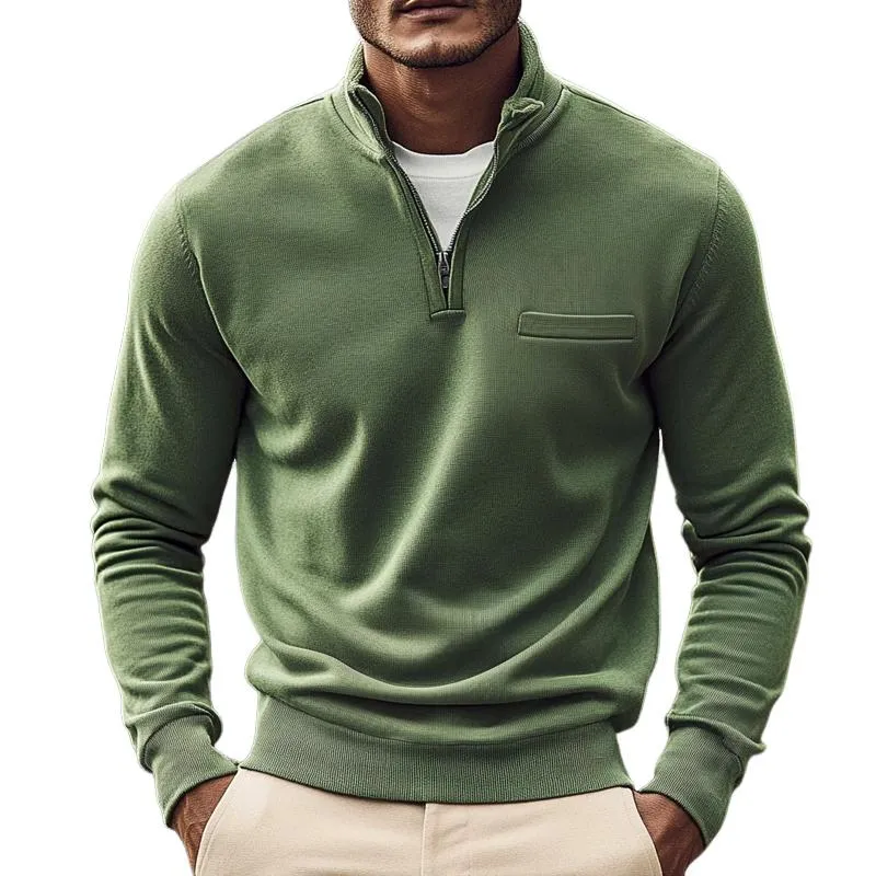 Men's Solid Zip Stand Collar Chest Pocket Long Sleeve Casual Sweatshirt 86236080Z sold by Manly