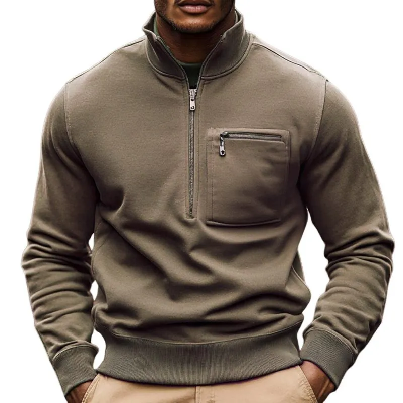 Men's Solid Zip Stand Collar Chest Pocket Long Sleeve Casual Sweatshirt 10173429Z sold by Manly