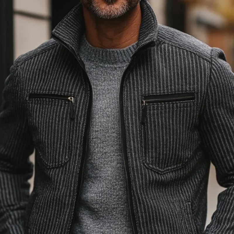 Men's Retro Striped Woolen Stand Collar Multi-Pocket Jacket 94237192Y sold by Manly product image thumbnail 2