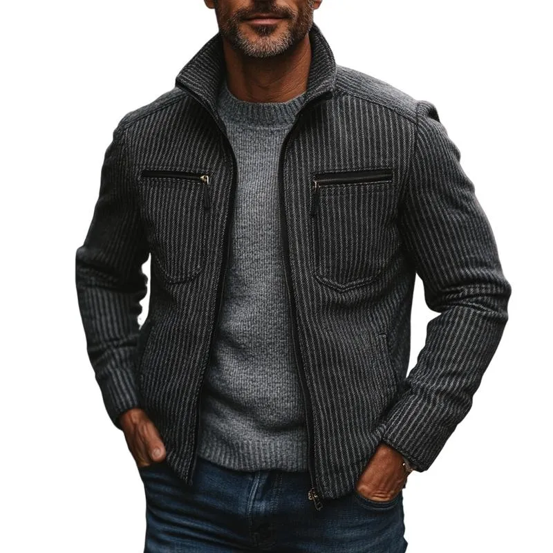 Men's Retro Striped Woolen Stand Collar Multi-Pocket Jacket 94237192Y sold by Manly