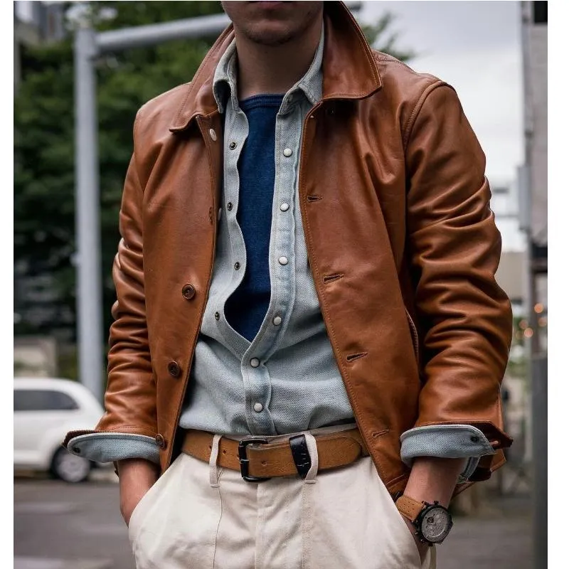 Men's Vintage Solid Color Lapel Single Breasted Leather Jacket 30114713Y sold by Manly product image thumbnail 3