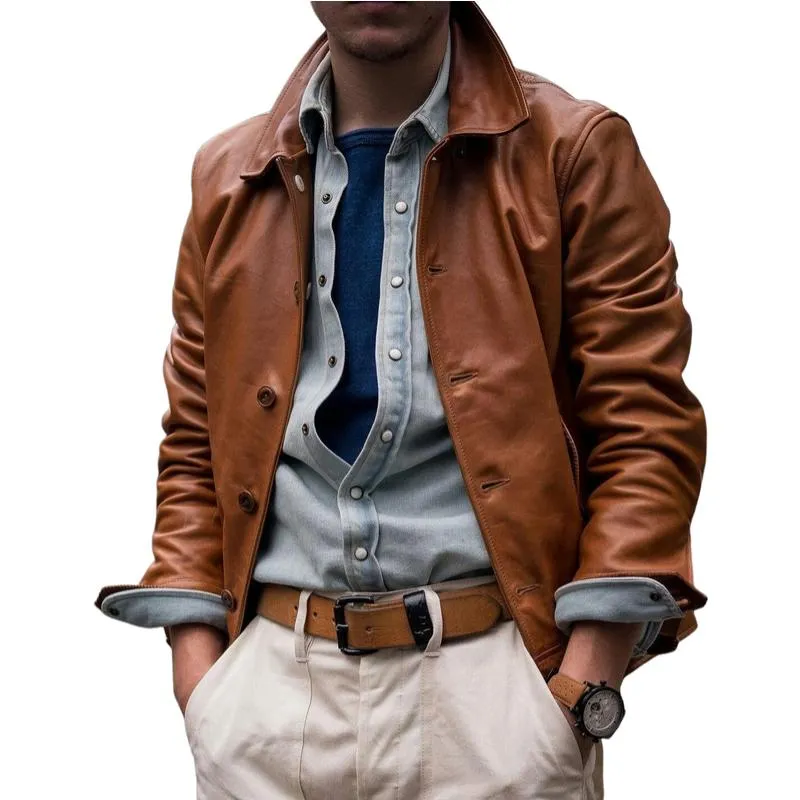 Men's Vintage Solid Color Lapel Single Breasted Leather Jacket 30114713Y sold by Manly