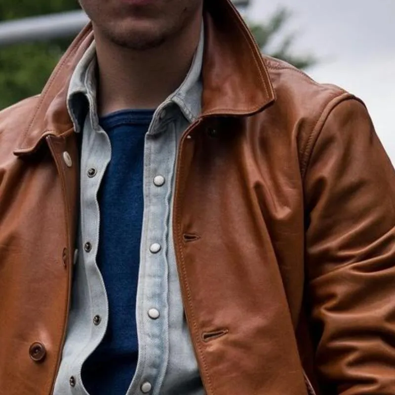 Men's Vintage Solid Color Lapel Single Breasted Leather Jacket 30114713Y sold by Manly product image thumbnail 2