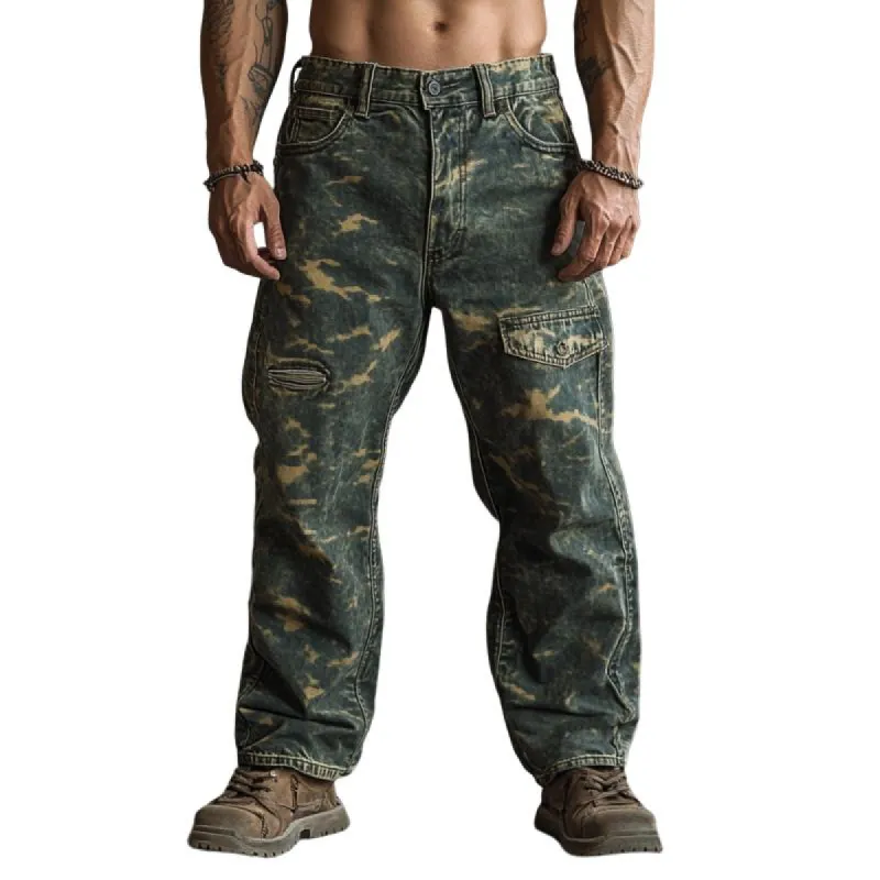 Men's Vintage Camouflage Print Ripped Jeans 53618483Y sold by Manly