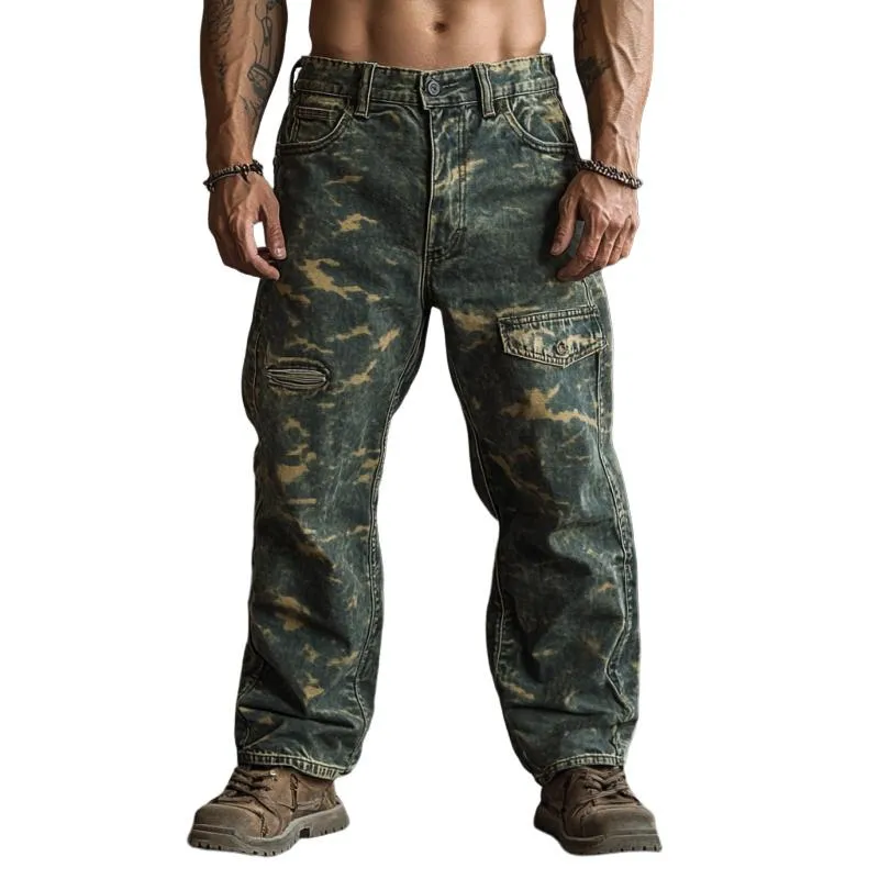 Men's Vintage Camouflage Print Ripped Jeans 53618483Y sold by Manly
