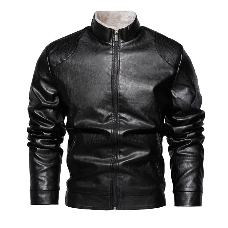 Men's Motorcycle Solid Color Vintage Zipper Stand Collar Leather Jacket 49955406X sold by Manly