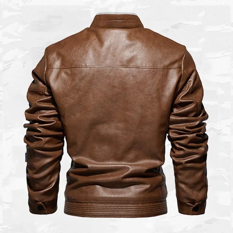 Men's Motorcycle Solid Color Vintage Zipper Stand Collar Leather Jacket 49955406X sold by Manly product image thumbnail 5