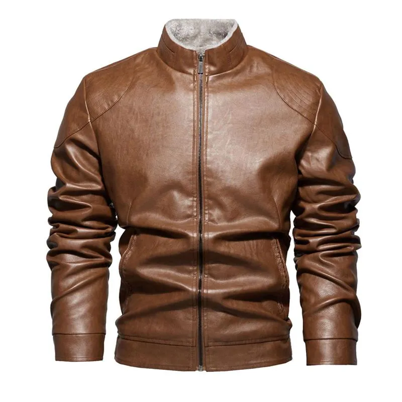 Men's Motorcycle Solid Color Vintage Zipper Stand Collar Leather Jacket 49955406X sold by Manly product image thumbnail 3