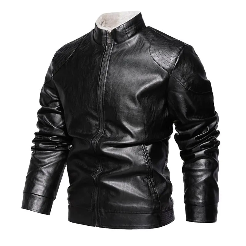 Men's Motorcycle Solid Color Vintage Zipper Stand Collar Leather Jacket 49955406X sold by Manly product image thumbnail 4