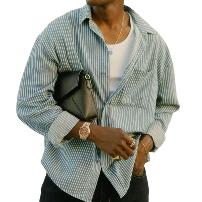 Men's Light Green Vertical Striped Long-sleeved Shirt 89313083U sold by Manly