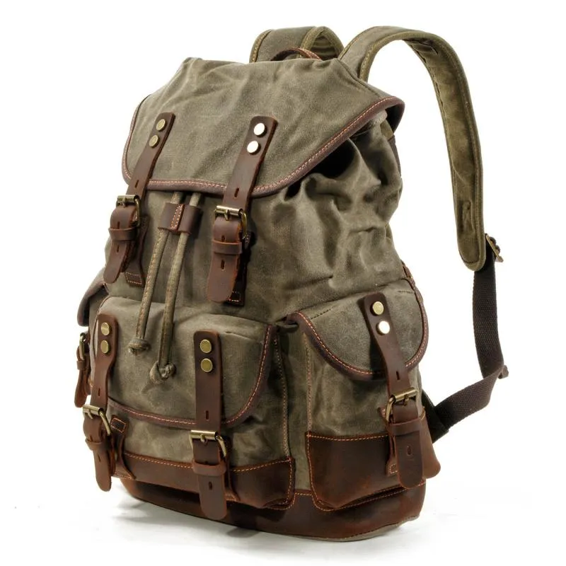 Men's Vintage Outdoor Canvas Stitching Leather Multi-Pocket Backpack 19083234Y sold by Manly product image thumbnail 2