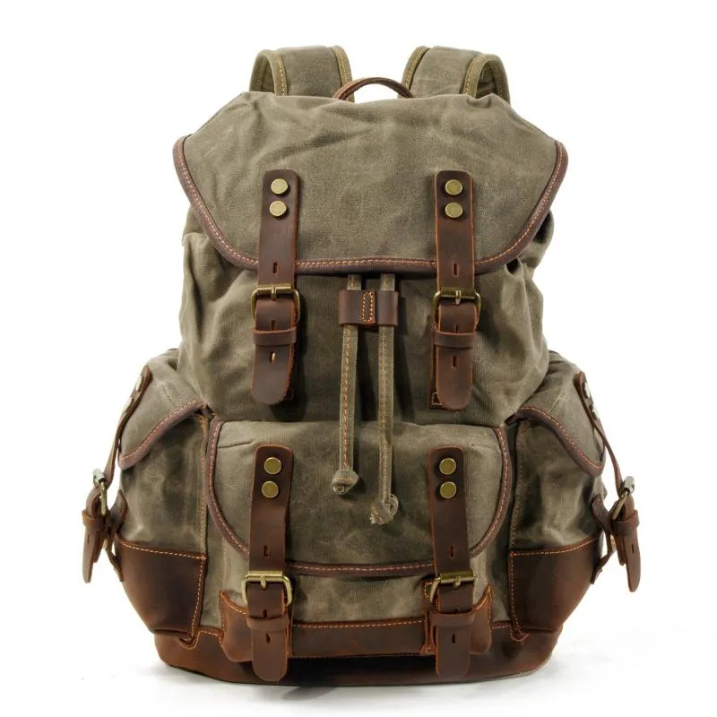 Men's Vintage Outdoor Canvas Stitching Leather Multi-Pocket Backpack 19083234Y sold by Manly